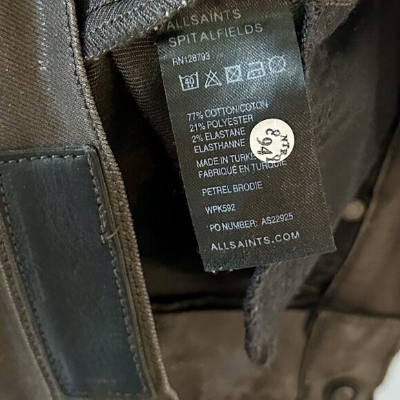 AllSaints Spitalfields Chocolate Brown Wax Coated Zipper Skinny Jeans - Size 27 - Picture 3 of 9